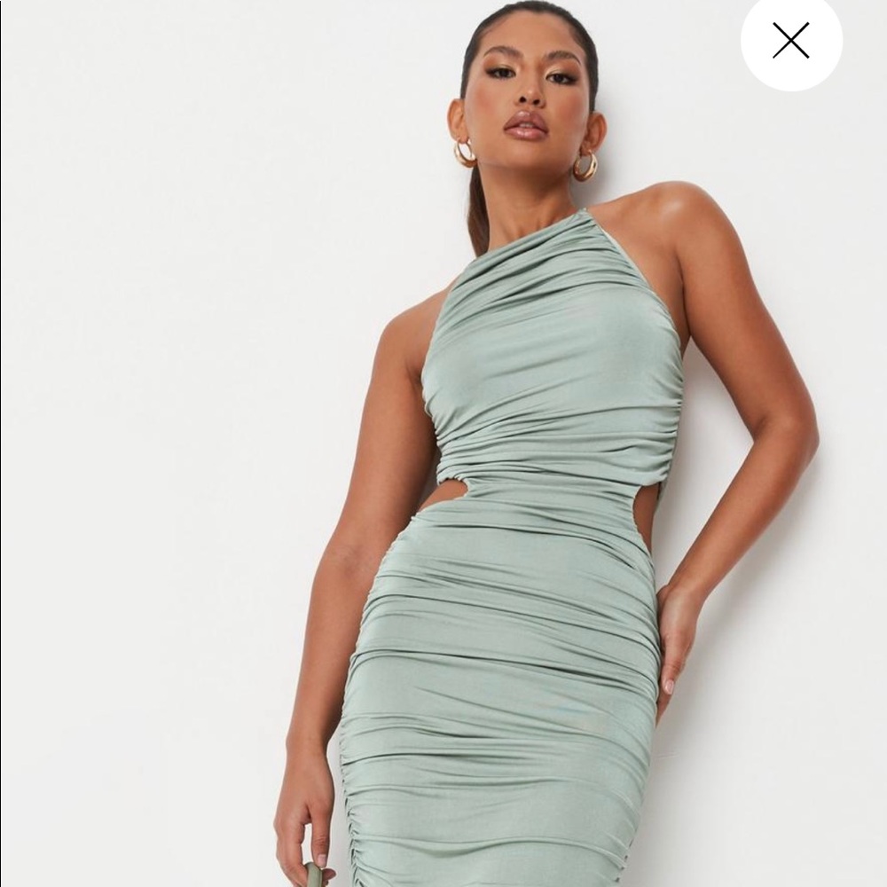Green Ruched Halter Dress